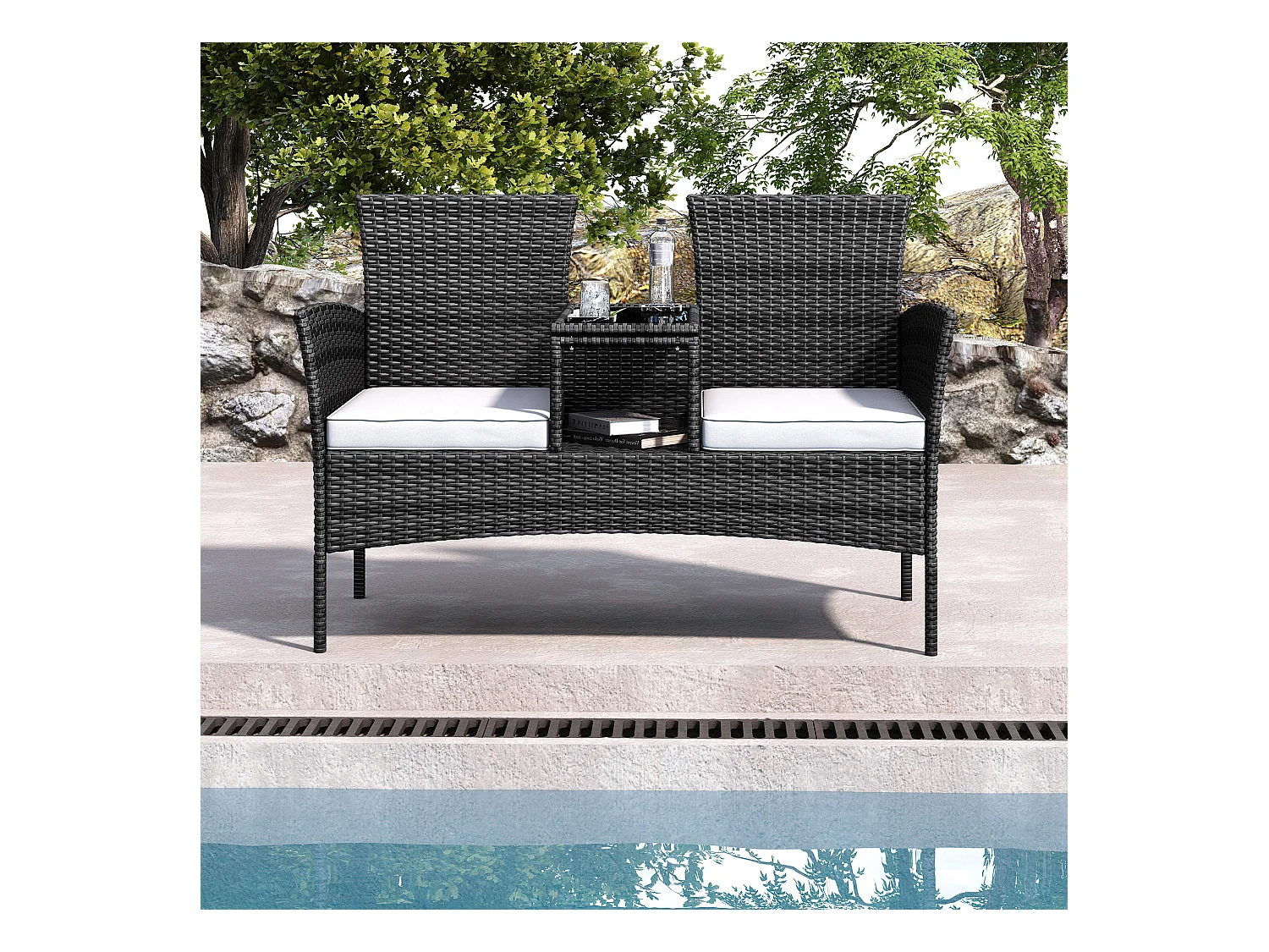 Banc de Jardin en Polyrotin 2 Personnes - avec Coussins et Table Intégrée, Chaise Exterieur Terrasse, Fauteuil pour Balcon,Noir