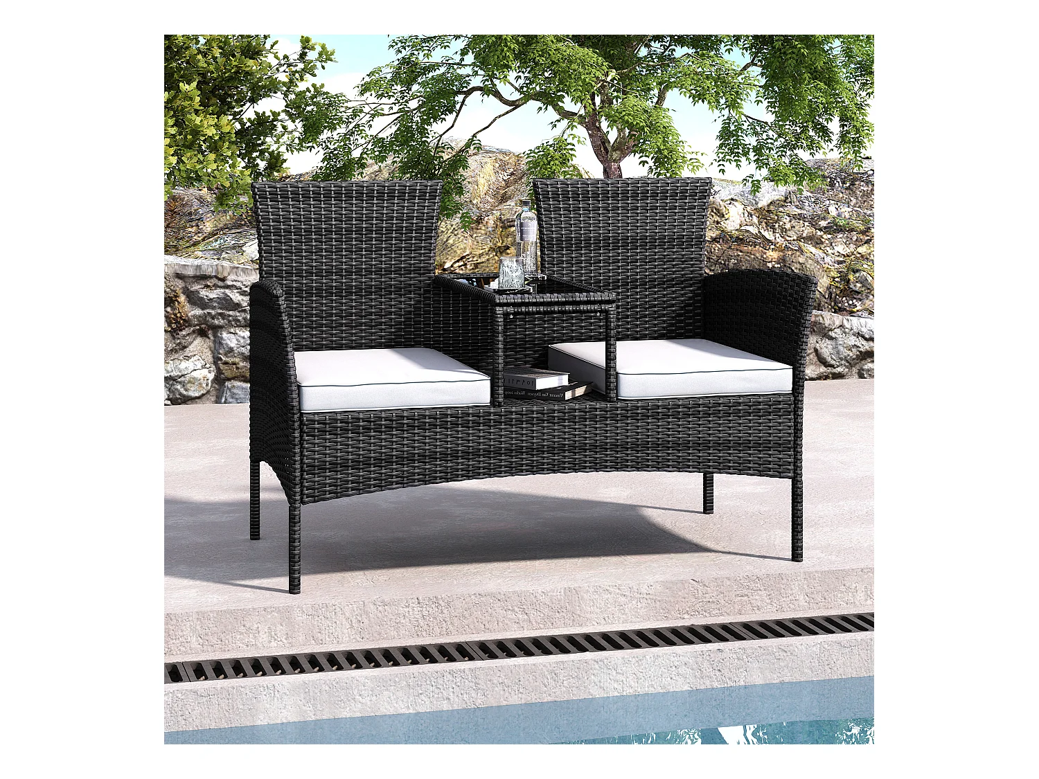 Banc de Jardin en Polyrotin 2 Personnes - avec Coussins et Table Intégrée, Chaise Exterieur Terrasse, Fauteuil pour Balcon,Noir