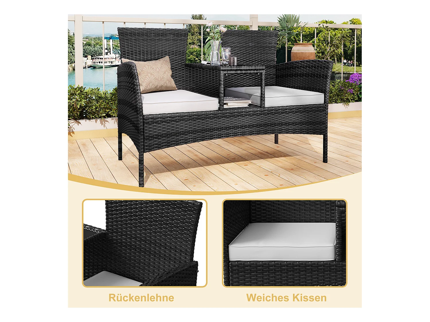 Banc de Jardin en Polyrotin 2 Personnes - avec Coussins et Table Intégrée, Chaise Exterieur Terrasse, Fauteuil pour Balcon,Noir