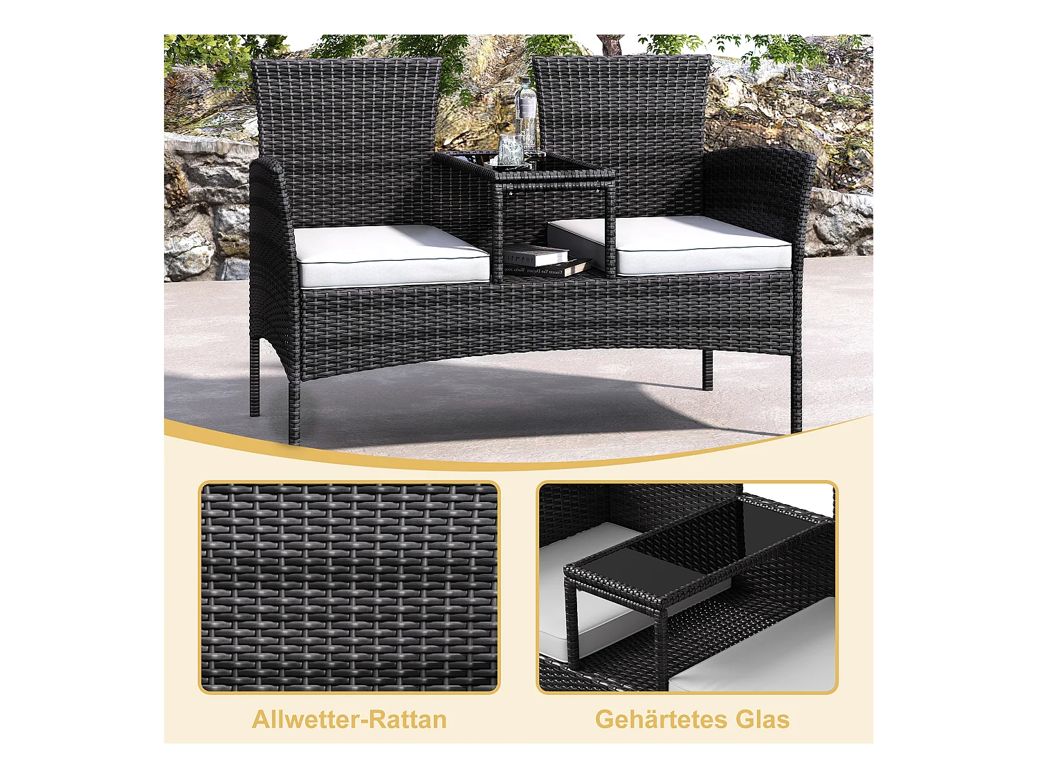 Banc de Jardin en Polyrotin 2 Personnes - avec Coussins et Table Intégrée, Chaise Exterieur Terrasse, Fauteuil pour Balcon,Noir