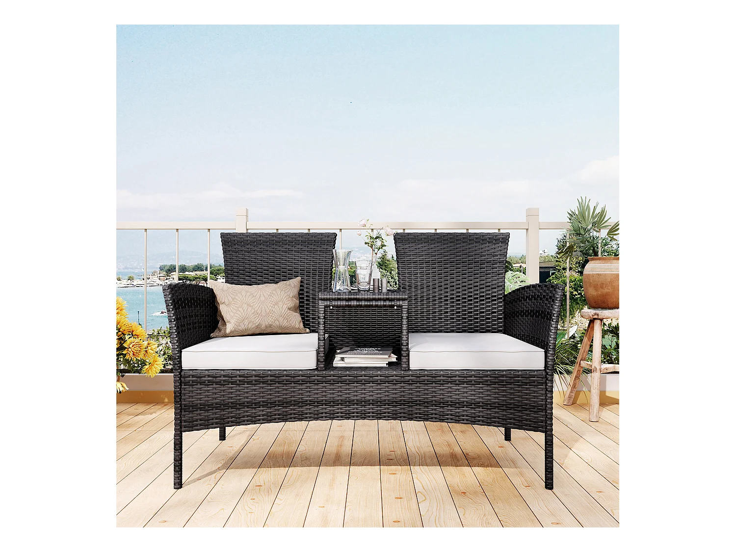 Banc de Jardin en Polyrotin 2 Personnes - avec Coussins et Table Intégrée, Chaise Exterieur Terrasse, Fauteuil pour Balcon,Noir
