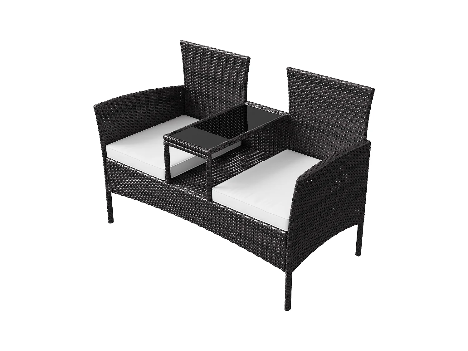 Banc de Jardin en Polyrotin 2 Personnes - avec Coussins et Table Intégrée, Chaise Exterieur Terrasse, Fauteuil pour Balcon,Noir