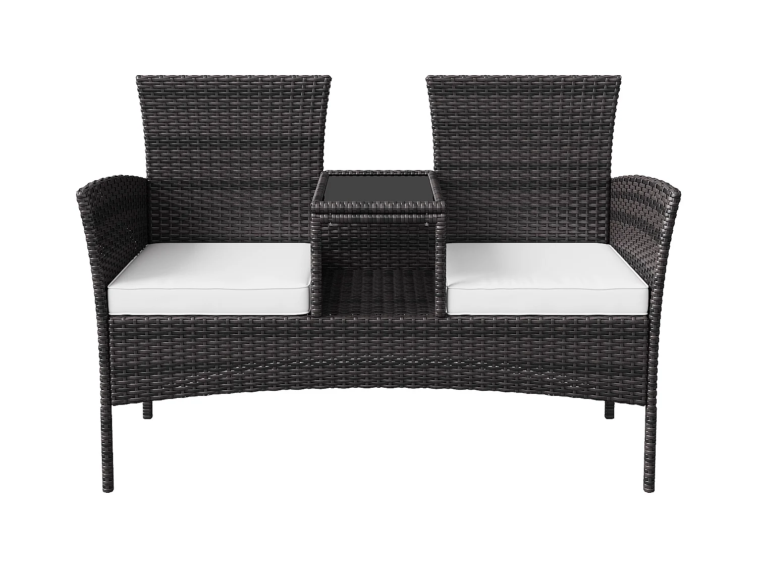 Banc de Jardin en Polyrotin 2 Personnes - avec Coussins et Table Intégrée, Chaise Exterieur Terrasse, Fauteuil pour Balcon,Noir