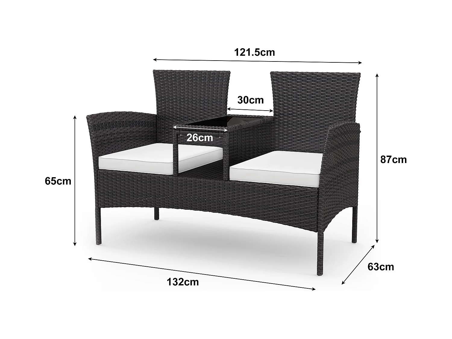 Banc de Jardin en Polyrotin 2 Personnes - avec Coussins et Table Intégrée, Chaise Exterieur Terrasse, Fauteuil pour Balcon,Noir