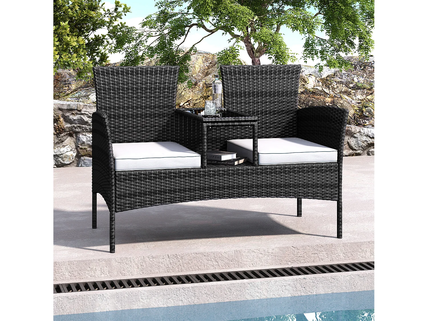 Banc de Jardin en Polyrotin 2 Personnes - avec Coussins et Table Intégrée, Chaise Exterieur Terrasse, Fauteuil pour Balcon,Noir