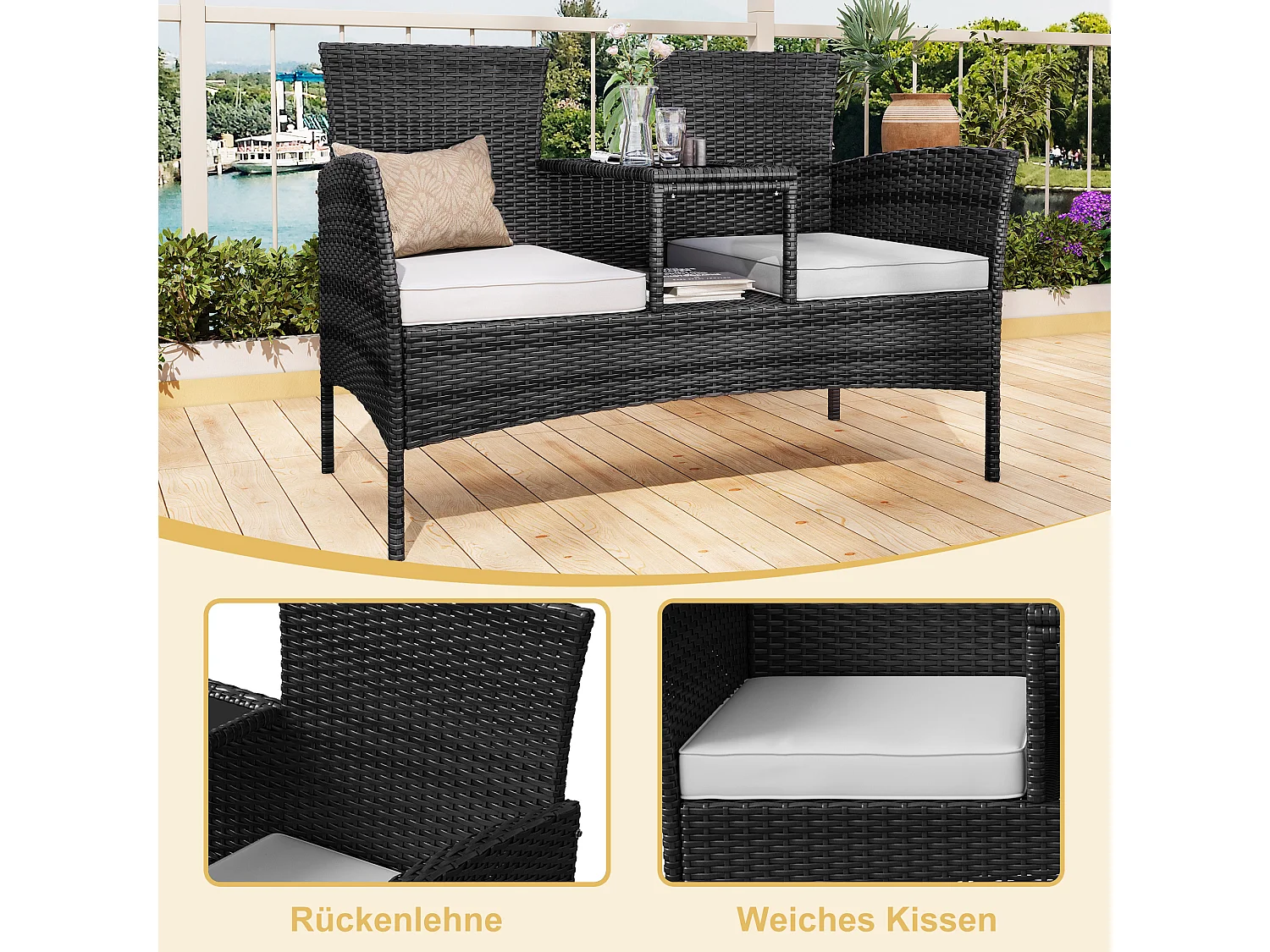 Banc de Jardin en Polyrotin 2 Personnes - avec Coussins et Table Intégrée, Chaise Exterieur Terrasse, Fauteuil pour Balcon,Noir