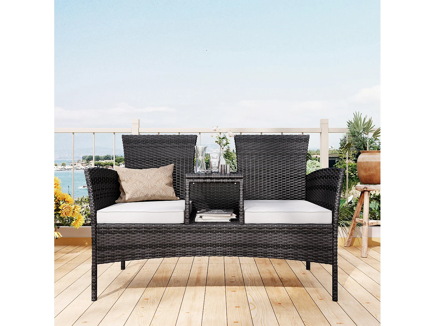 Banc de Jardin en Polyrotin 2 Personnes - avec Coussins et Table Intégrée, Chaise Exterieur Terrasse, Fauteuil pour Balcon,Noir