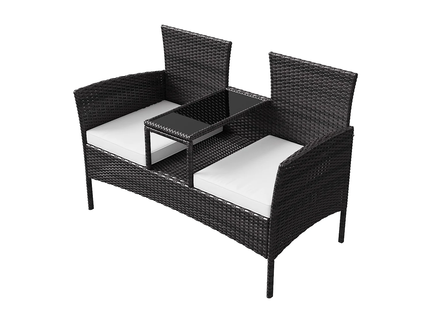 Banc de Jardin en Polyrotin 2 Personnes - avec Coussins et Table Intégrée, Chaise Exterieur Terrasse, Fauteuil pour Balcon,Noir