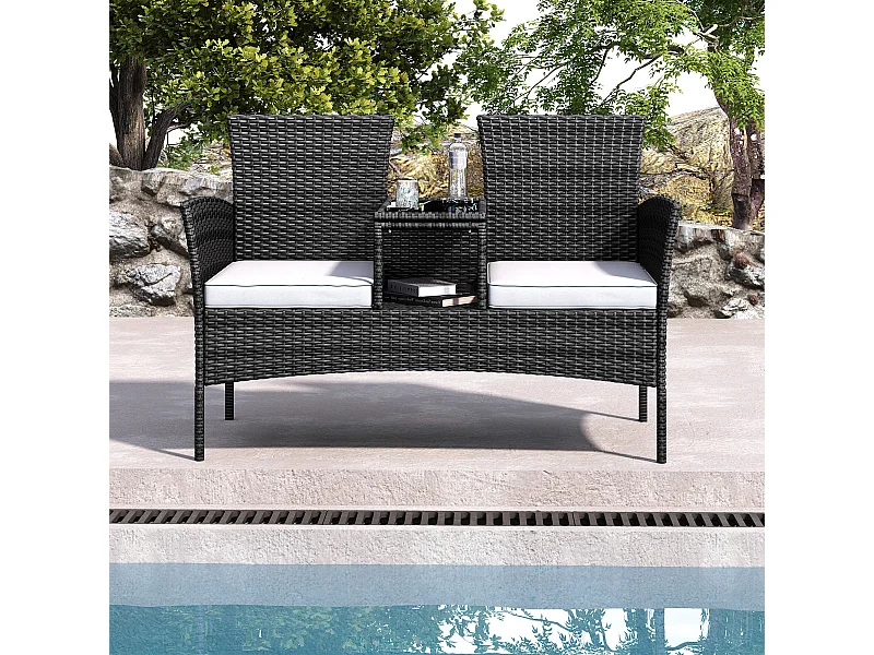 Banc de Jardin en Polyrotin 2 Personnes - avec Coussins et Table Intégrée, Chaise Exterieur Terrasse, Fauteuil pour Balcon,Noir