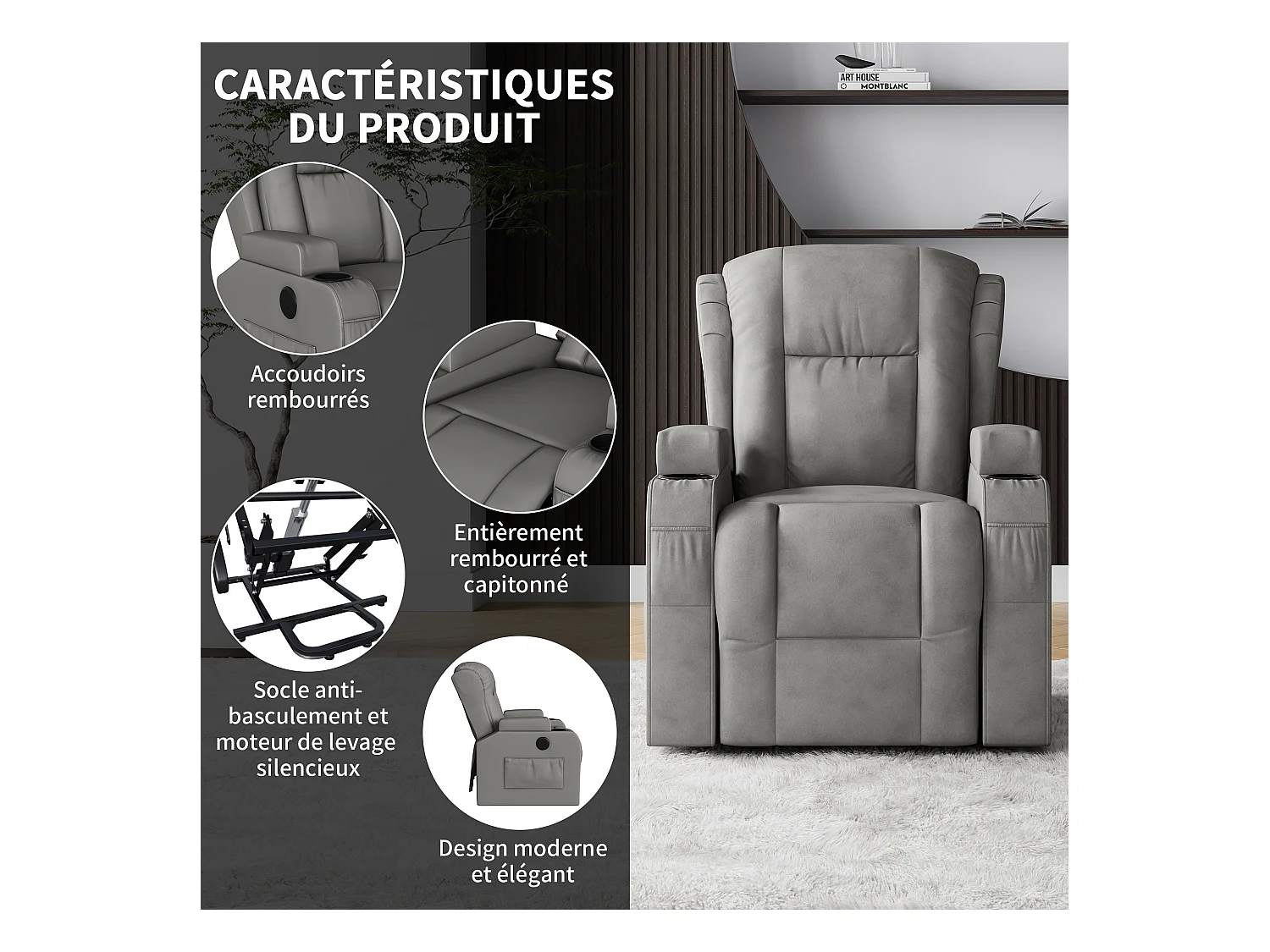 Fauteuil inclinable avec élévation électrique, fauteuil de massage avec chaleur lombaire, poches latérales, repose-pieds extensible, 2 porte-gobelets