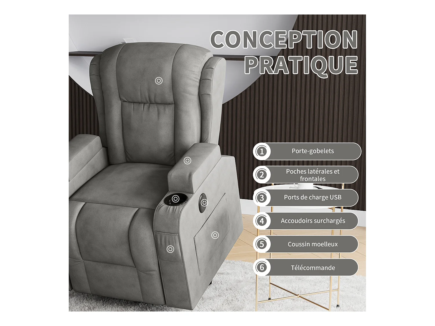 Fauteuil inclinable avec élévation électrique, fauteuil de massage avec chaleur lombaire, poches latérales, repose-pieds extensible, 2 porte-gobelets