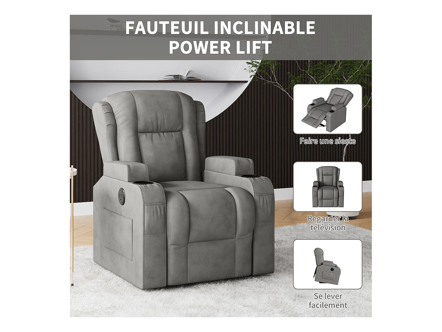 Fauteuil inclinable avec élévation électrique, fauteuil de massage avec chaleur lombaire, poches latérales, repose-pieds extensible, 2 porte-gobelets