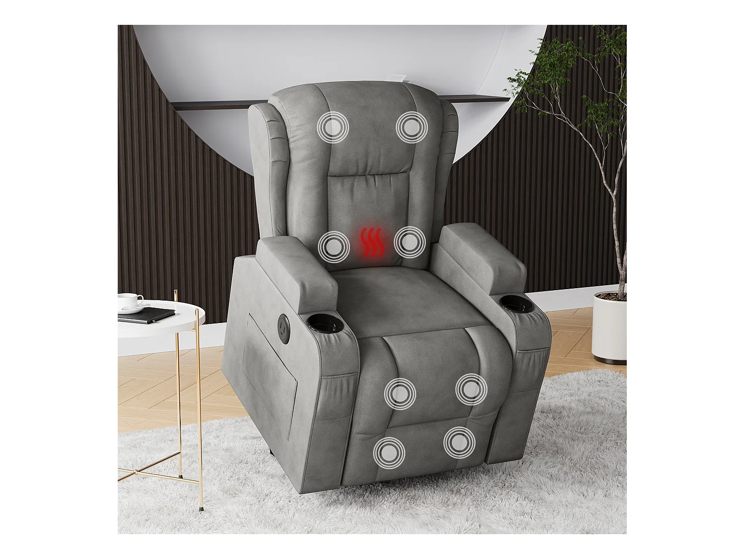 Fauteuil inclinable avec élévation électrique, fauteuil de massage avec chaleur lombaire, poches latérales, repose-pieds extensible, 2 porte-gobelets