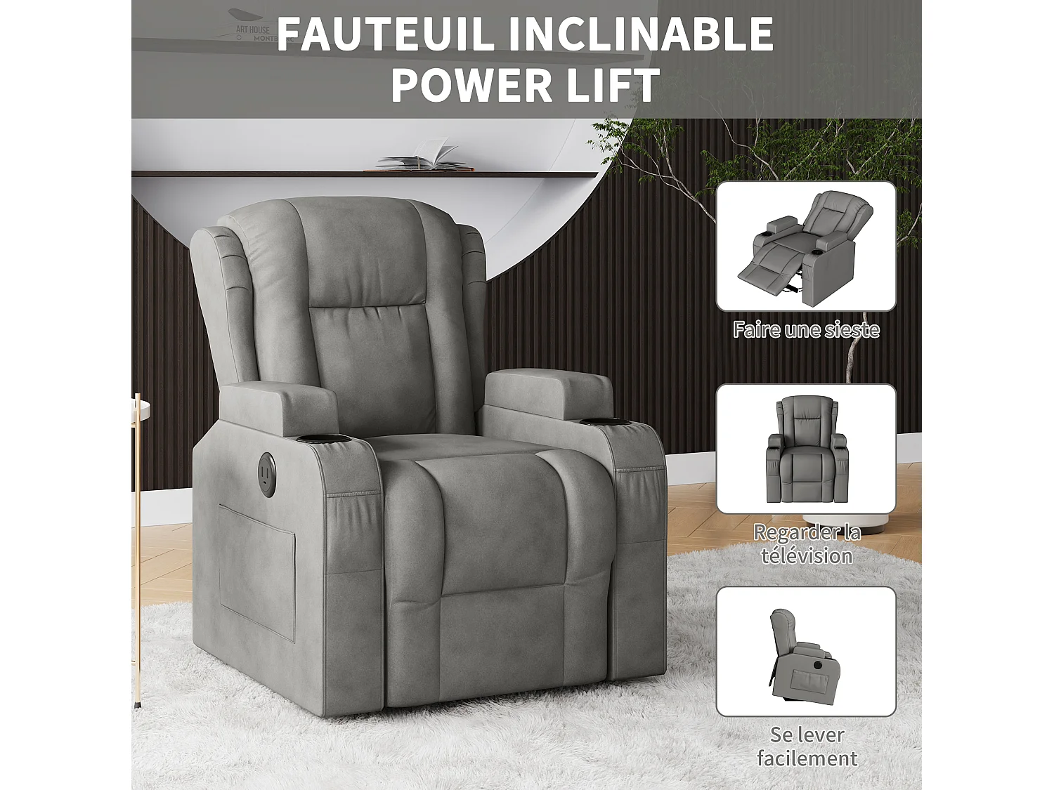 Fauteuil massant - avec chaleur lombaire - Fauteuil inclinable avec élévation électrique - poches latérales - 2 porte gobelets - repose-pieds extensible