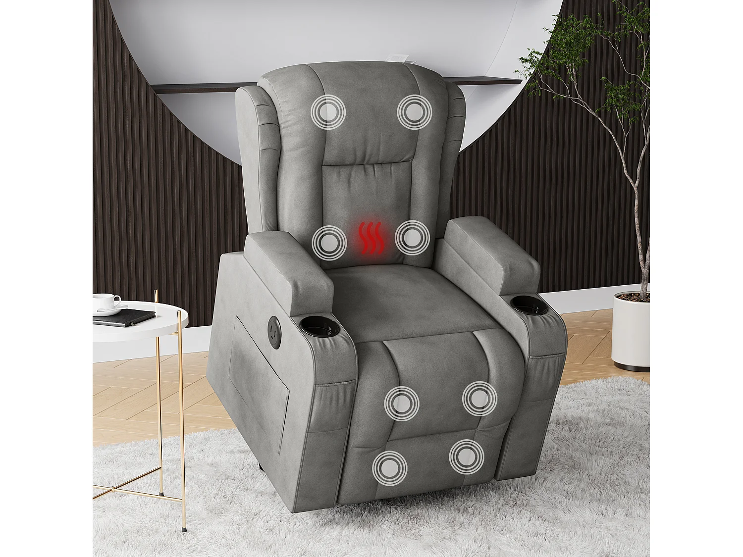 Fauteuil massant - avec chaleur lombaire - Fauteuil inclinable avec élévation électrique - poches latérales - 2 porte gobelets - repose-pieds extensible