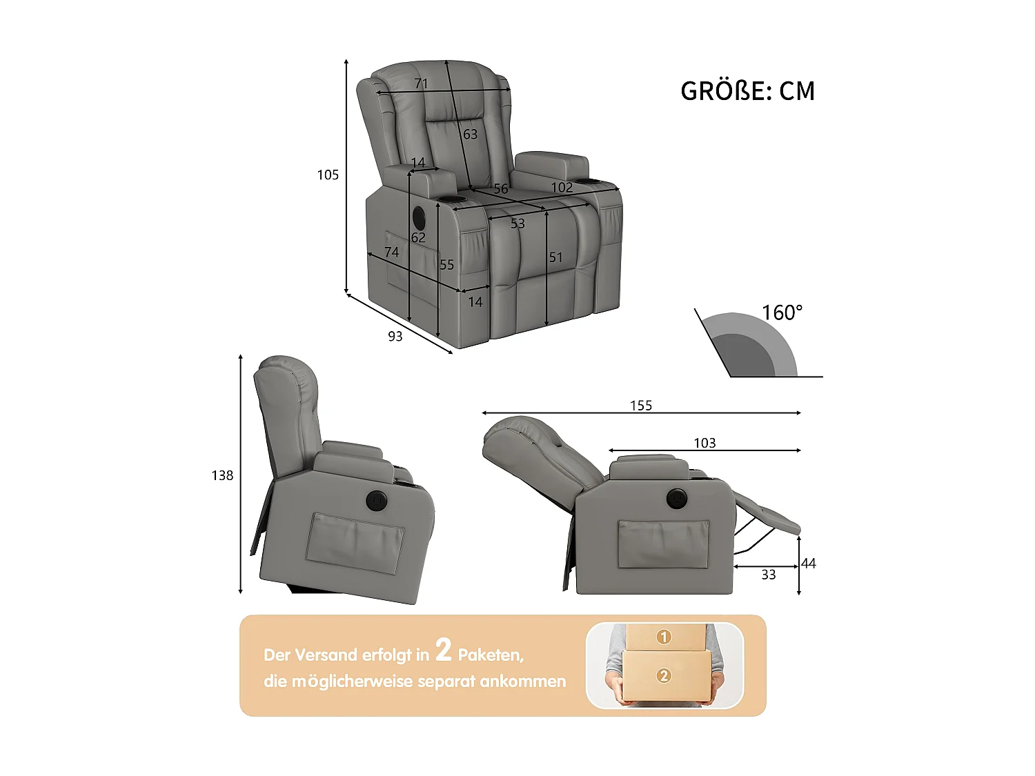Fauteuil massant - avec chaleur lombaire - Fauteuil inclinable avec élévation électrique - poches latérales - 2 porte gobelets - repose-pieds extensible