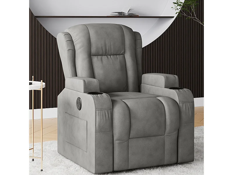 Fauteuil massant - avec chaleur lombaire - Fauteuil inclinable avec élévation électrique - poches latérales - 2 porte gobelets - repose-pieds extensible