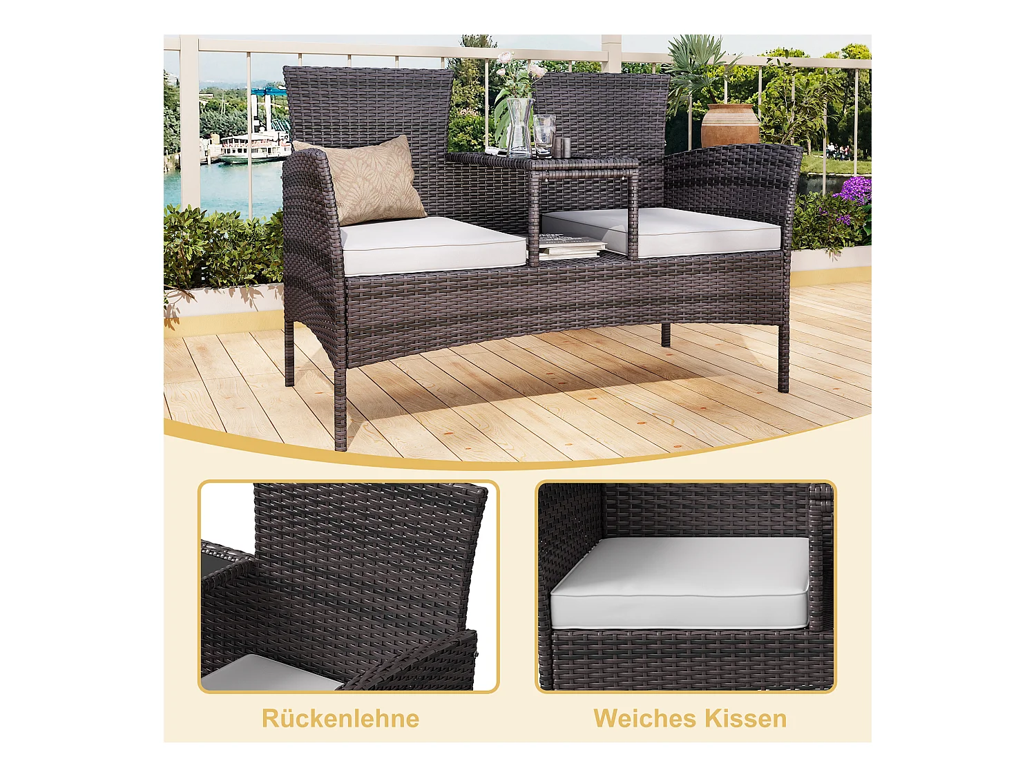 Banc de Jardin en Polyrotin 2 Personnes - avec Coussins et Table Intégrée, Chaise Exterieur Terrasse, Fauteuil pour Balcon,Marron