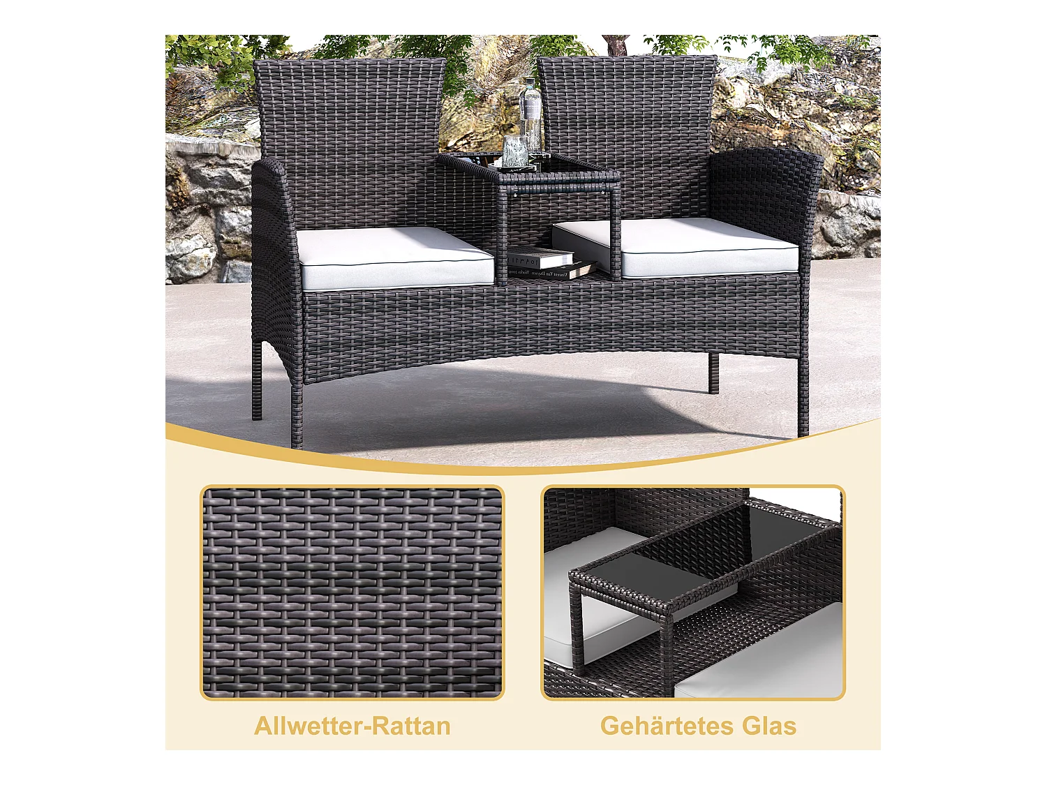 Banc de Jardin en Polyrotin 2 Personnes - avec Coussins et Table Intégrée, Chaise Exterieur Terrasse, Fauteuil pour Balcon,Marron