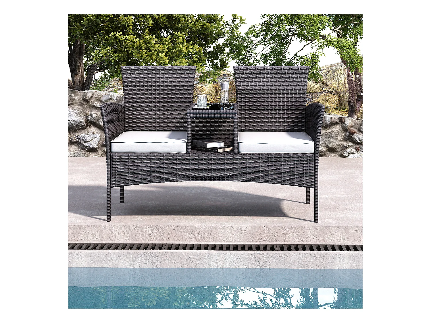 Banc de Jardin en Polyrotin 2 Personnes - avec Coussins et Table Intégrée, Chaise Exterieur Terrasse, Fauteuil pour Balcon,Marron