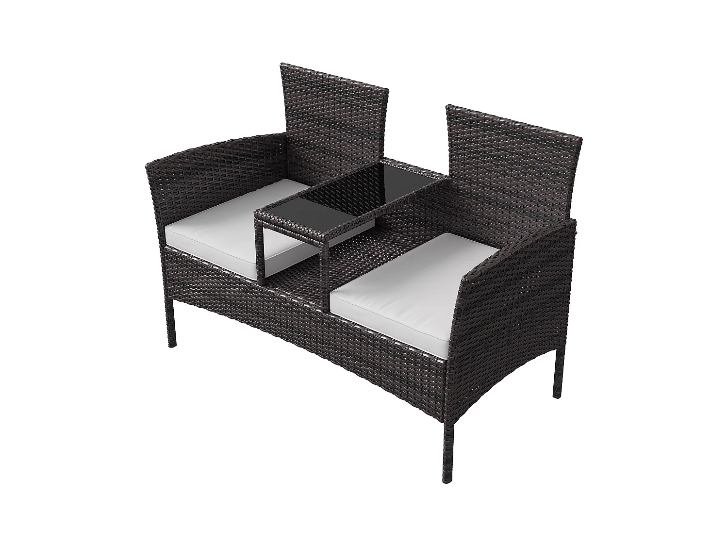 Banc de Jardin en Polyrotin 2 Personnes - avec Coussins et Table Intégrée, Chaise Exterieur Terrasse, Fauteuil pour Balcon,Marron