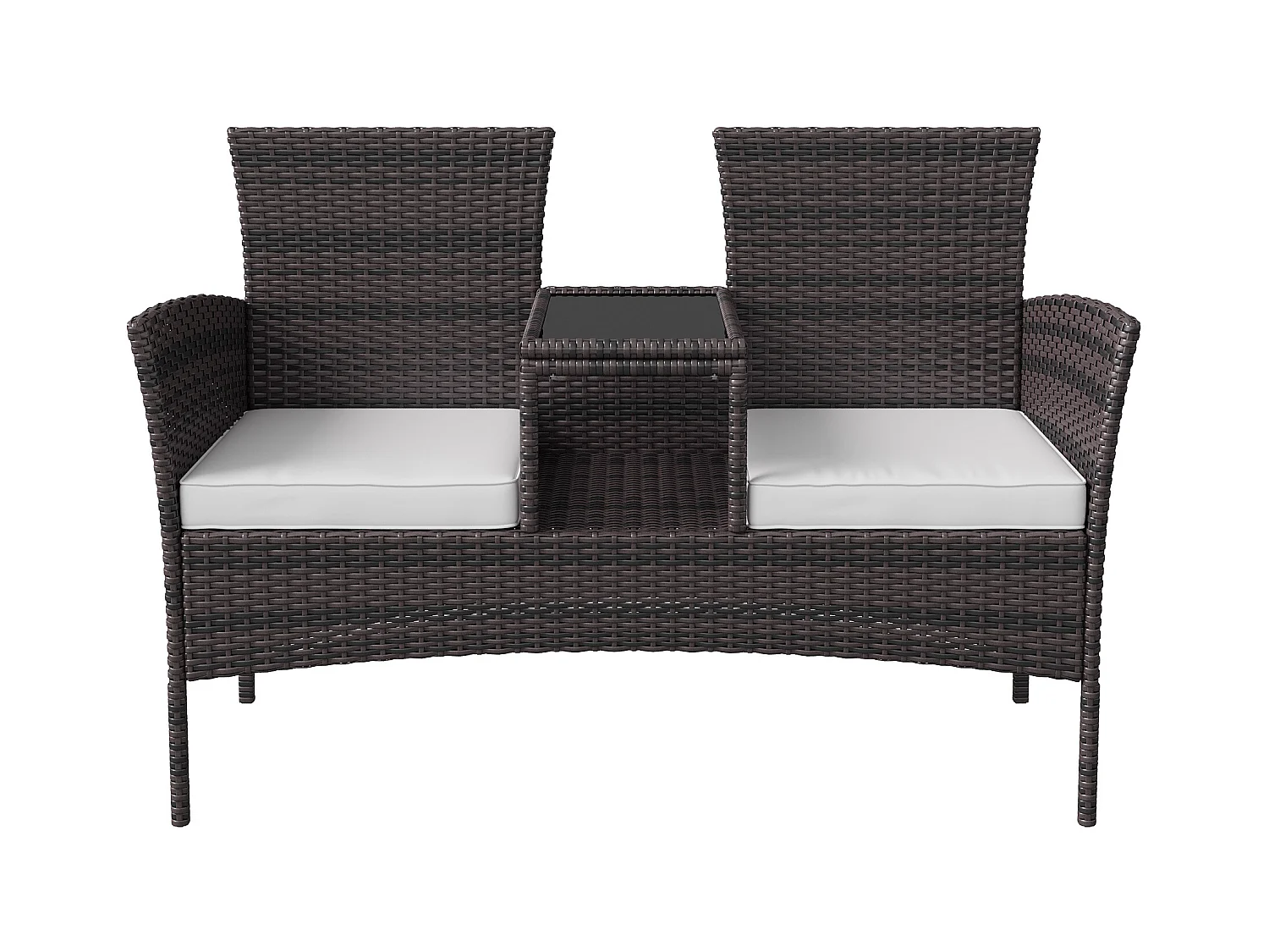 Banc de Jardin en Polyrotin 2 Personnes - avec Coussins et Table Intégrée, Chaise Exterieur Terrasse, Fauteuil pour Balcon,Marron