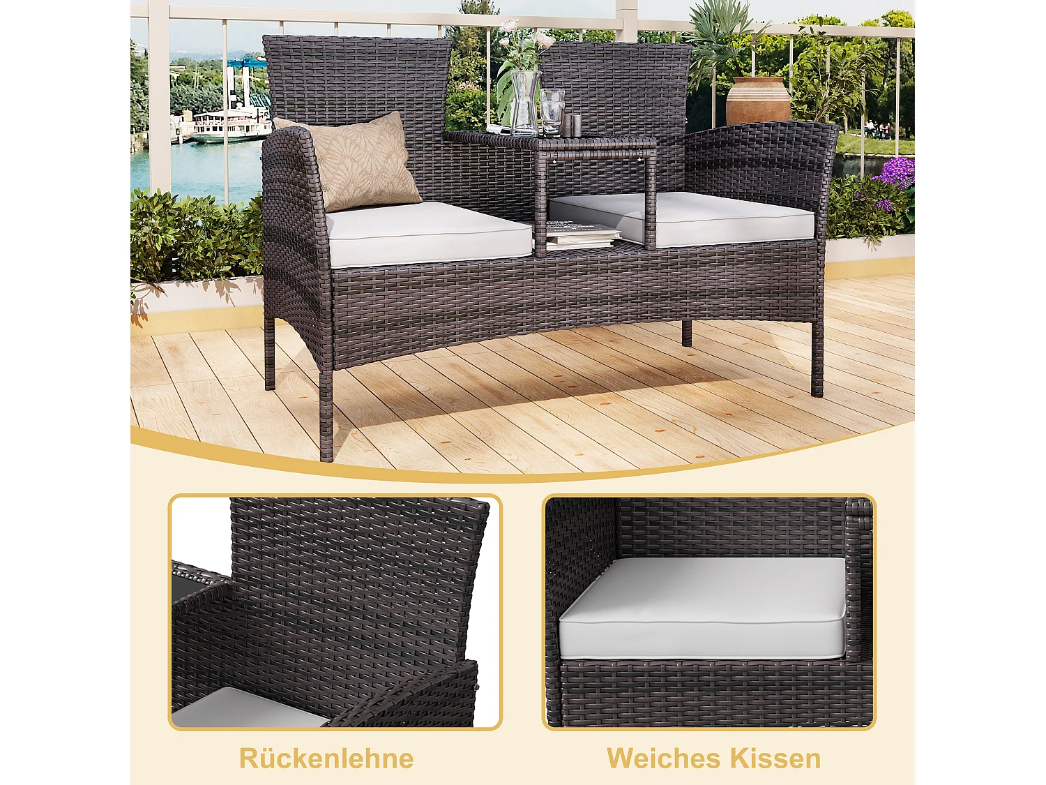 Banc de Jardin en Polyrotin 2 Personnes - avec Coussins et Table Intégrée, Chaise Exterieur Terrasse, Fauteuil pour Balcon,Marron