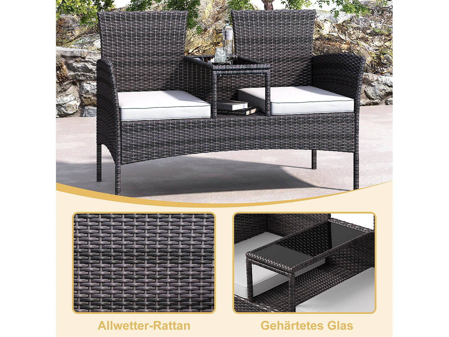 Banc de Jardin en Polyrotin 2 Personnes - avec Coussins et Table Intégrée, Chaise Exterieur Terrasse, Fauteuil pour Balcon,Marron