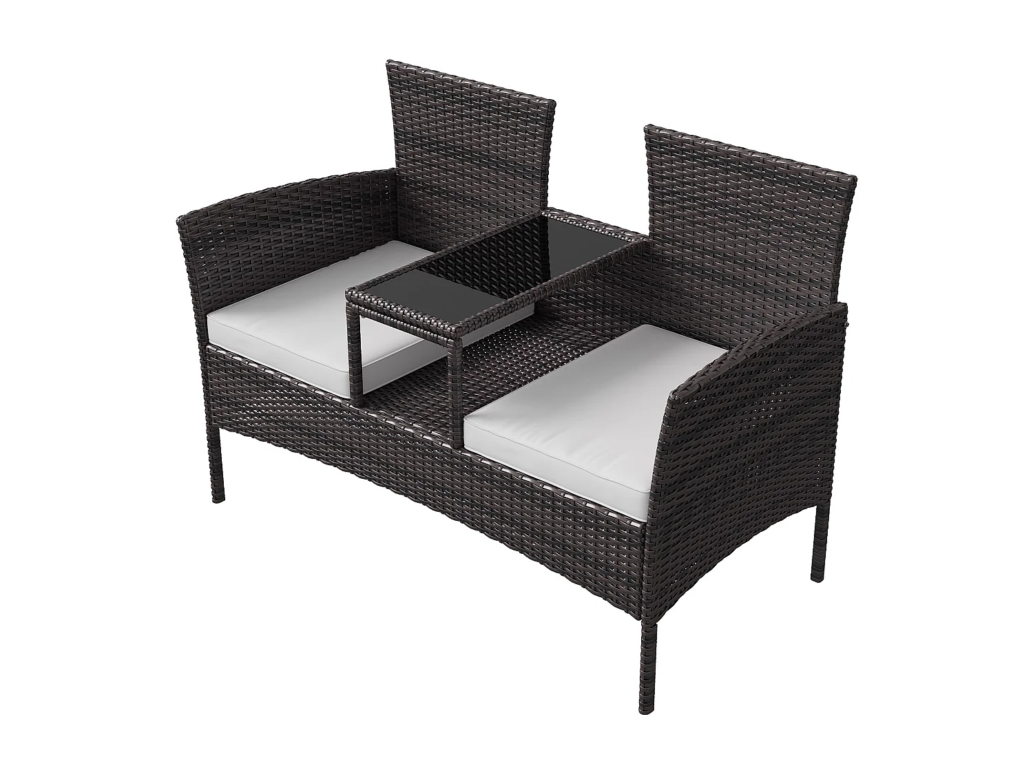 Banc de Jardin en Polyrotin 2 Personnes - avec Coussins et Table Intégrée, Chaise Exterieur Terrasse, Fauteuil pour Balcon,Marron