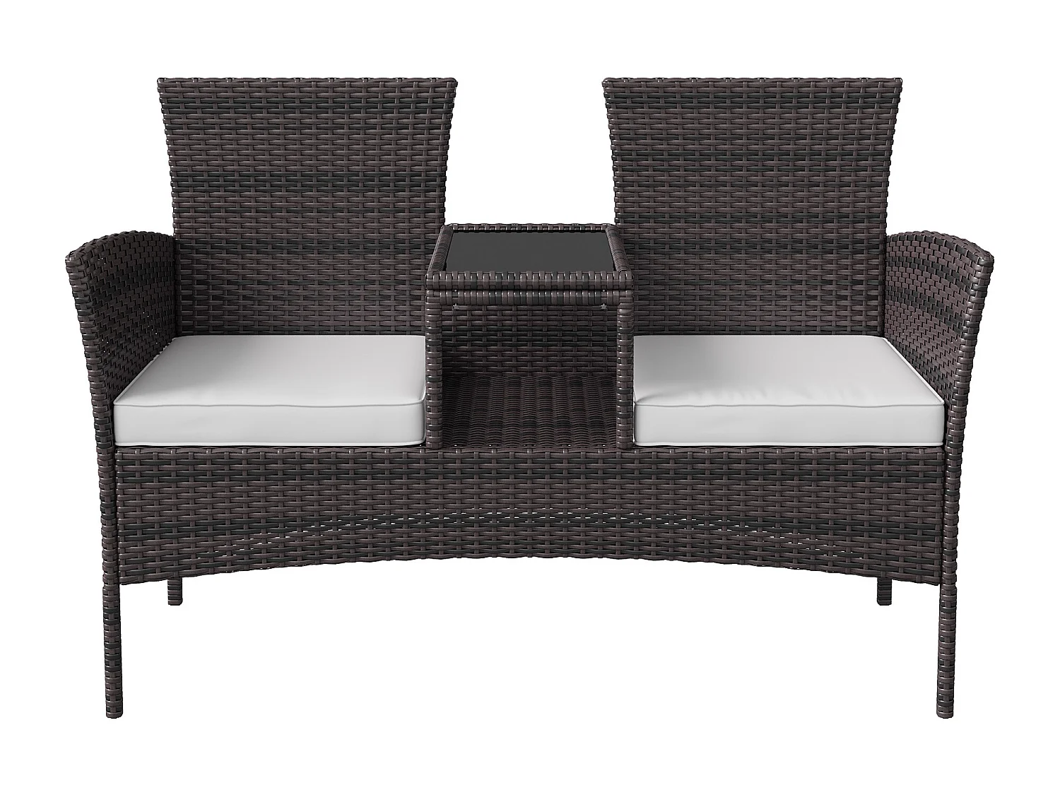 Banc de Jardin en Polyrotin 2 Personnes - avec Coussins et Table Intégrée, Chaise Exterieur Terrasse, Fauteuil pour Balcon,Marron