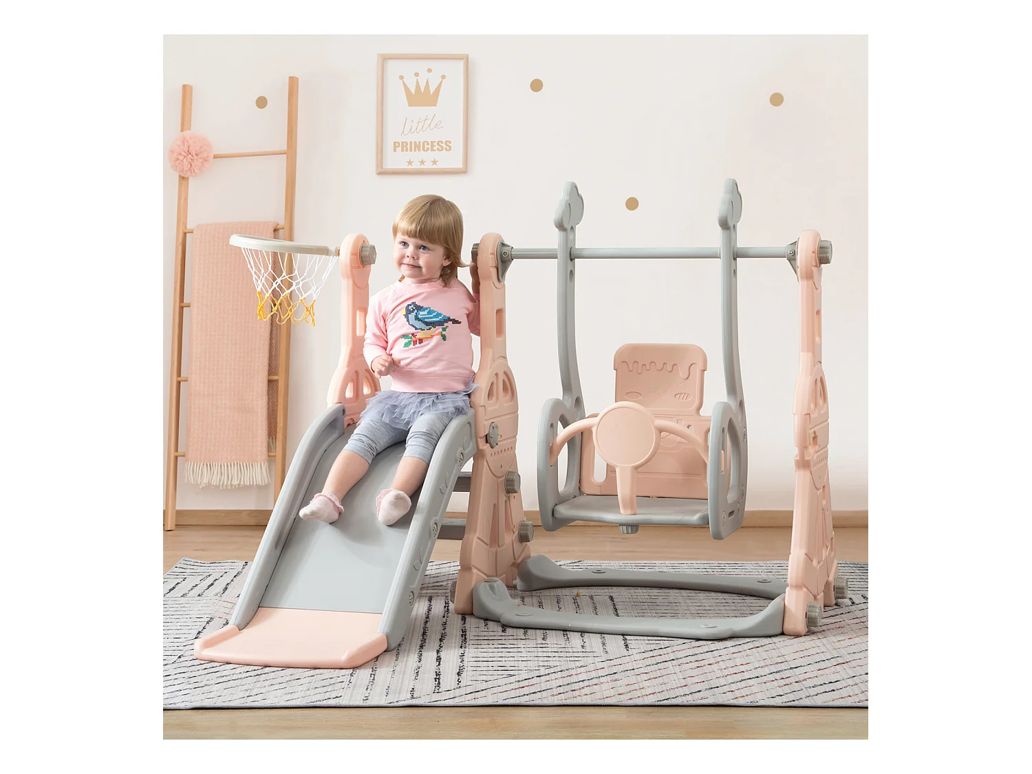 Toboggan pour Enfant 4 en 1 avec Swing, Panier de Basket, Aire de Jeux intérieure et extérieure, Ensemble de Toboggan pour Enfants