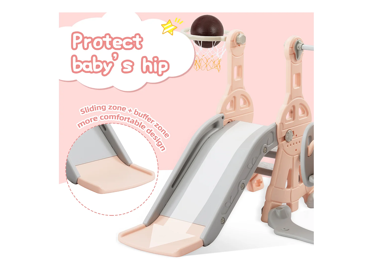 Toboggan pour Enfant 4 en 1 avec Swing, Panier de Basket, Aire de Jeux intérieure et extérieure, Ensemble de Toboggan pour Enfants