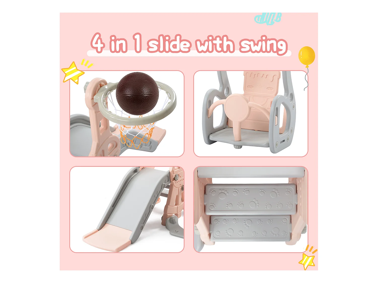 Toboggan pour Enfant 4 en 1 avec Swing, Panier de Basket, Aire de Jeux intérieure et extérieure, Ensemble de Toboggan pour Enfants