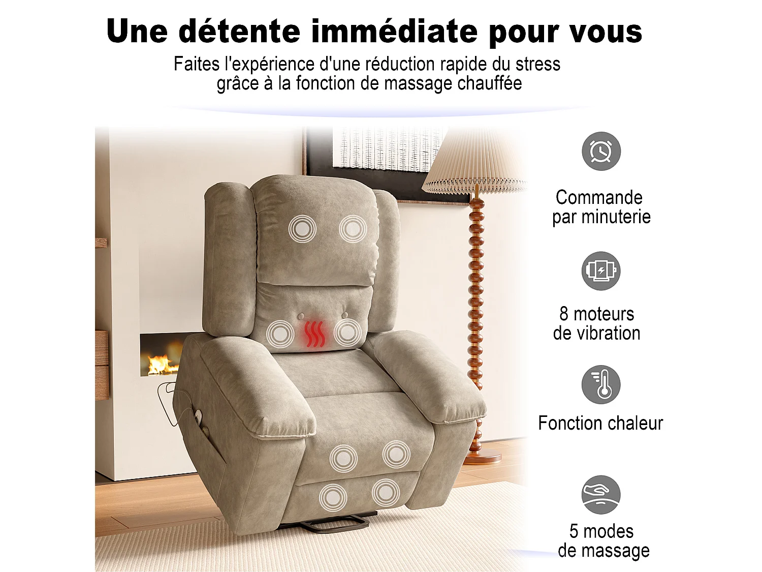 Fauteuil de Massage électrique, Fauteuil Relax avec 8 Zones de Massage Puissantes et 2 Points Chaleur, Repose-Pieds, Poches, Marron