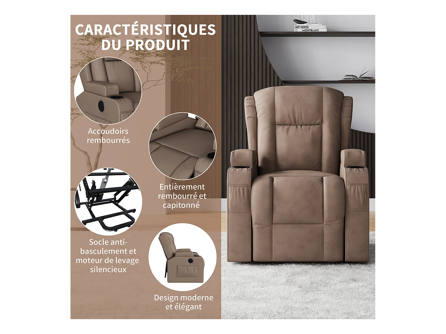 Fauteuil inclinable avec élévation électrique, fauteuil de massage avec chaleur lombaire, poches latérales, repose-pieds extensible, 2 porte-gobelets