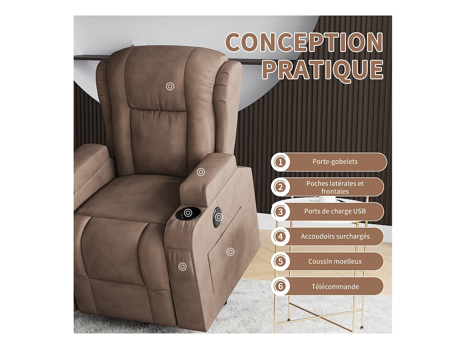 Fauteuil inclinable avec élévation électrique, fauteuil de massage avec chaleur lombaire, poches latérales, repose-pieds extensible, 2 porte-gobelets
