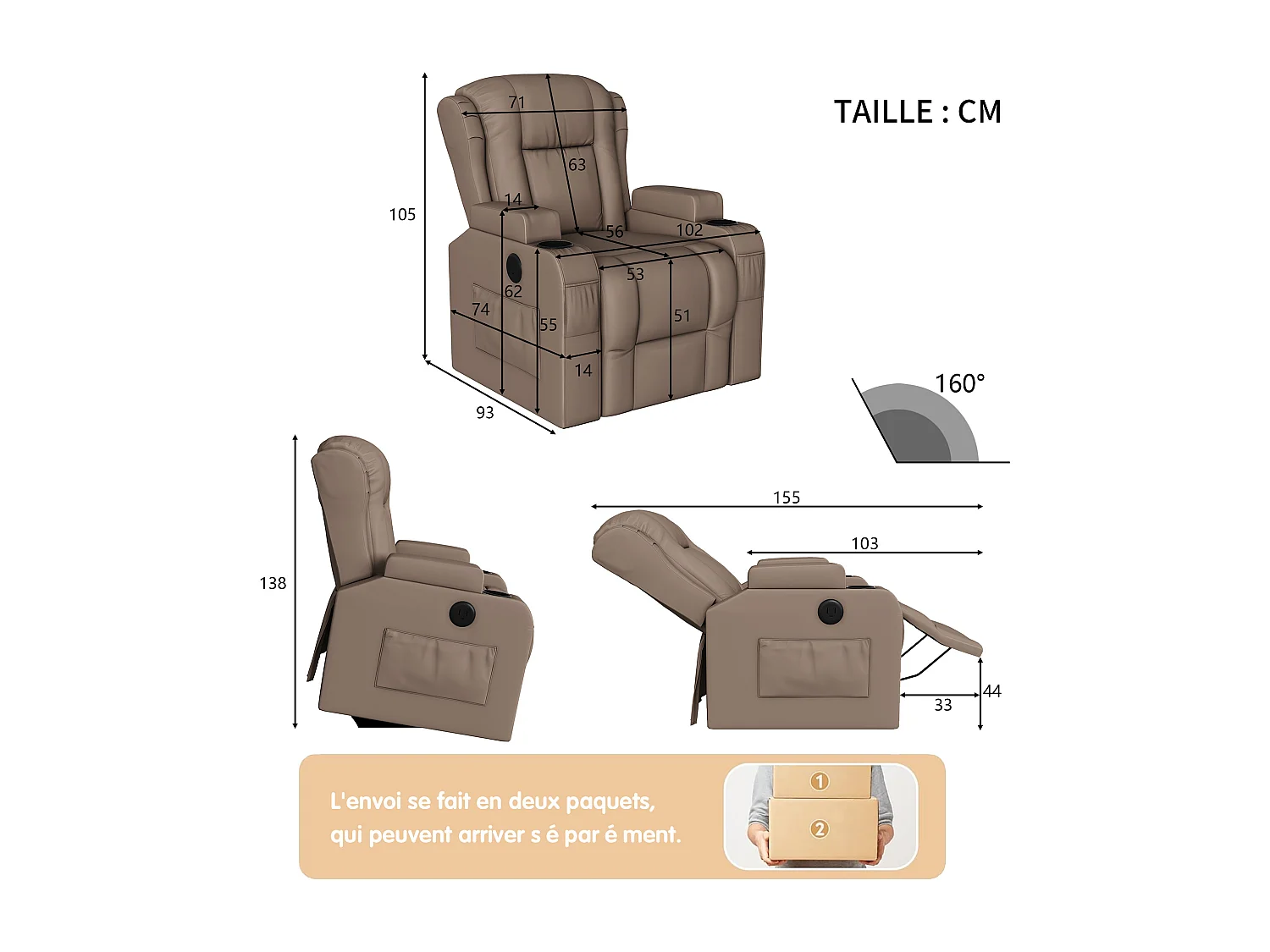Fauteuil inclinable avec élévation électrique, fauteuil de massage avec chaleur lombaire, poches latérales, repose-pieds extensible, 2 porte-gobelets