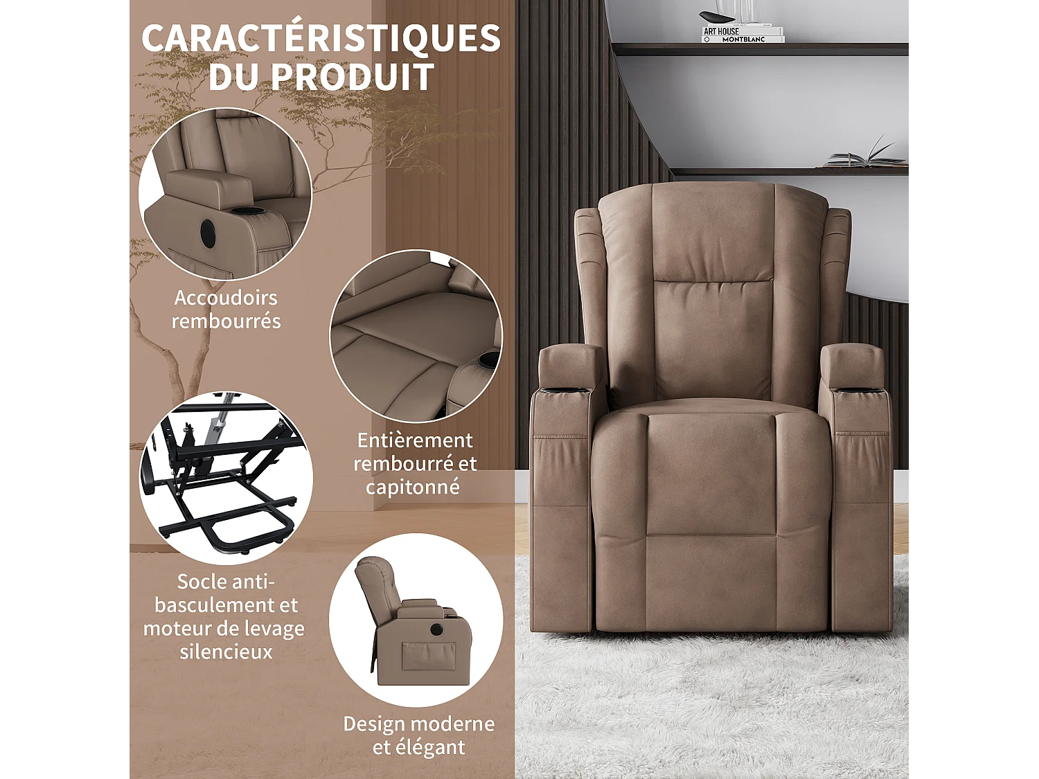 Fauteuil massant - Fauteuil inclinable avec élévation électrique - avec chaleur lombaire - poches latérales - repose-pieds extensible - 2 porte-gobelets