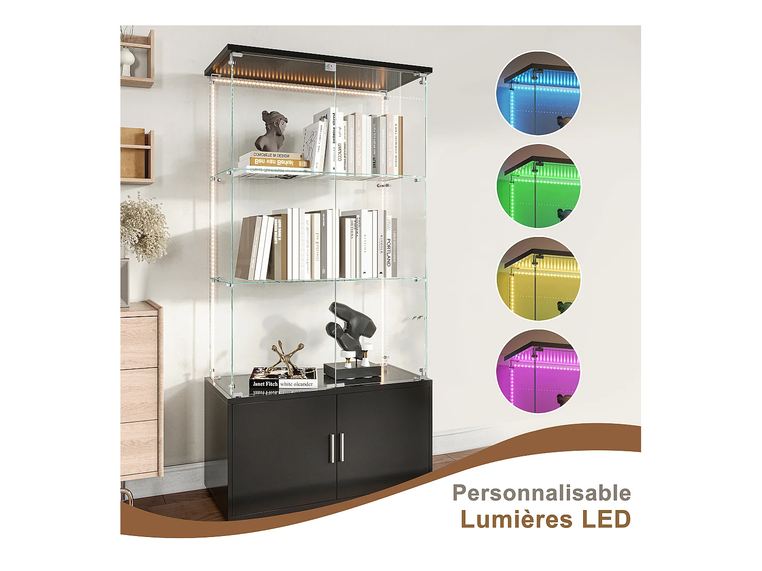 Vitrine en verre, Vitrine avec étages, Vitrines en verre avec serrure, Vitrine d'exposition avec LED, 78,51×35×164 cm，noir