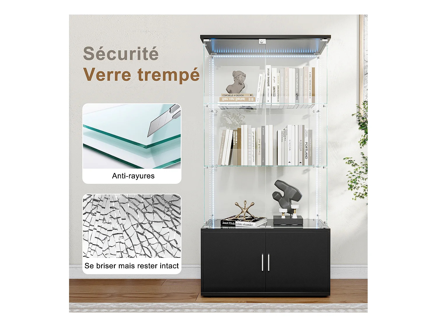 Vitrine en verre, Vitrine avec étages, Vitrines en verre avec serrure, Vitrine d'exposition avec LED, 78,51×35×164 cm，noir