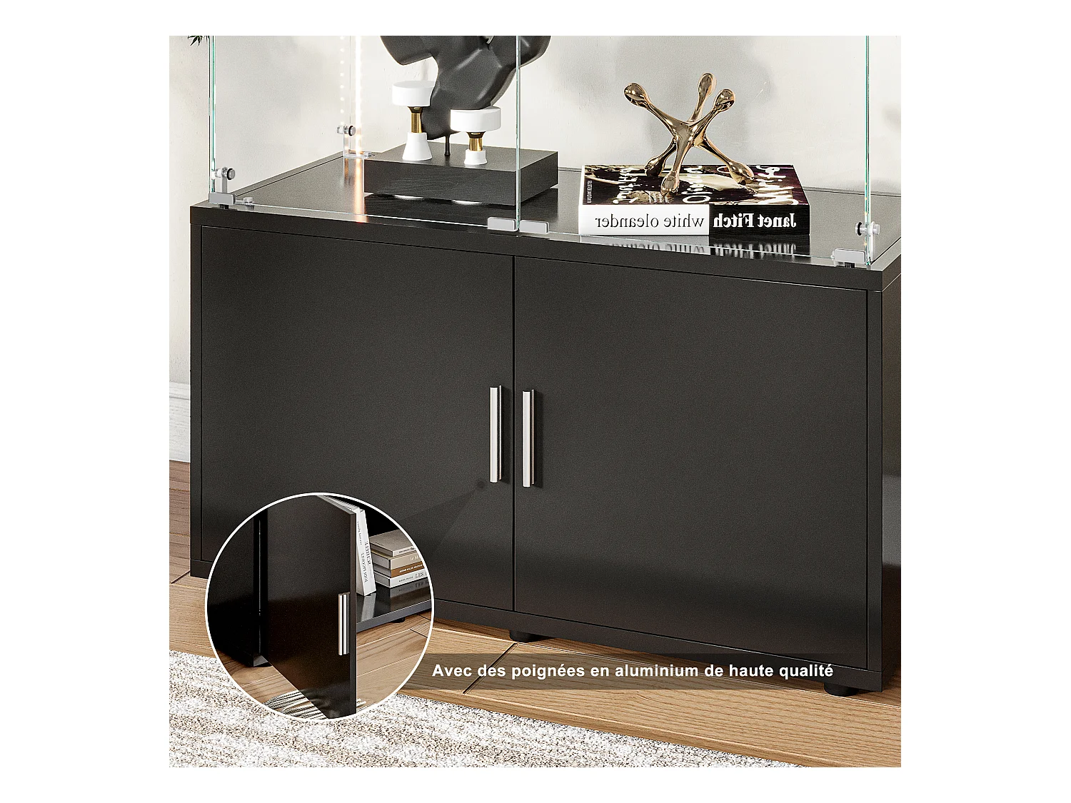 Vitrine en verre, Vitrine avec étages, Vitrines en verre avec serrure, Vitrine d'exposition avec LED, 78,51×35×164 cm，noir