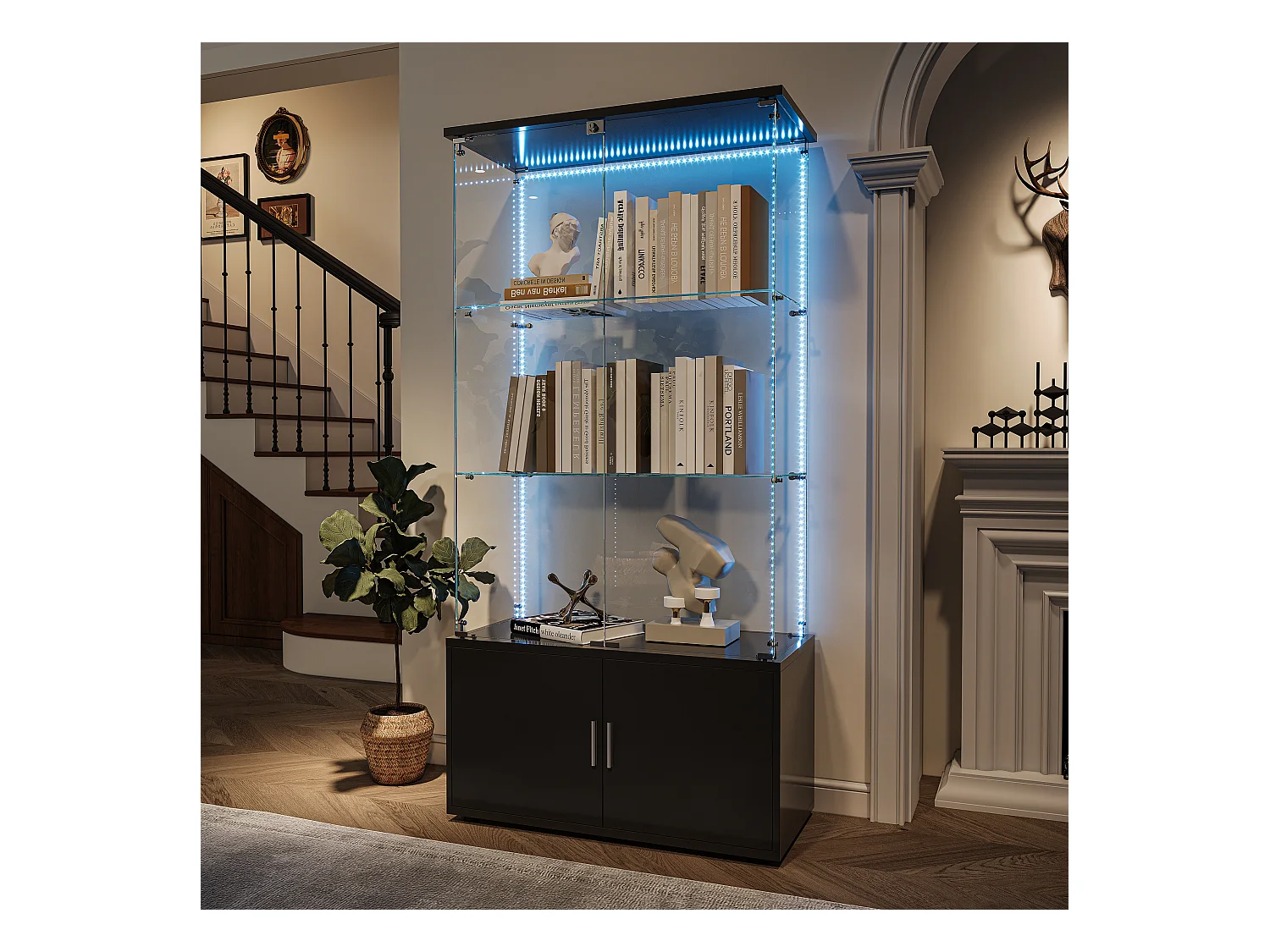 Vitrine en verre, Vitrine avec étages, Vitrines en verre avec serrure, Vitrine d'exposition avec LED, 78,51×35×164 cm，noir