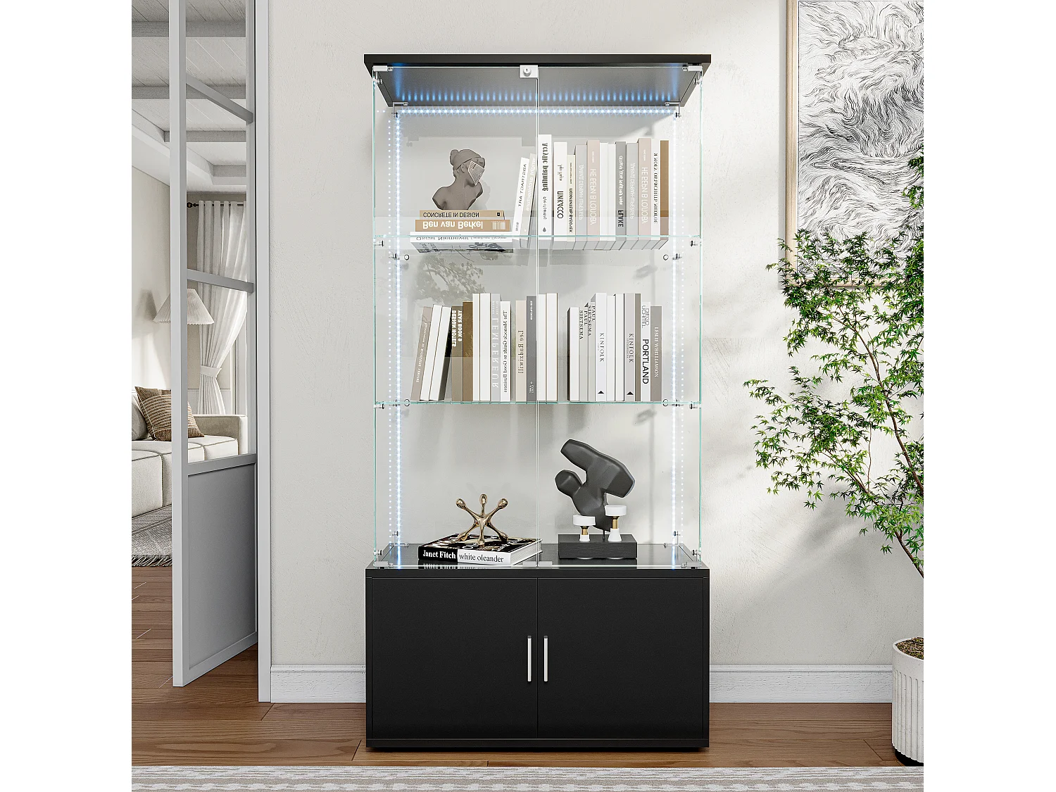 Glazen vitrine, Vitrine met meerdere niveaus, Glazen vitrine met slot, Vitrine met ledverlichting, 78,51 × 35 × 164 cm, zwart