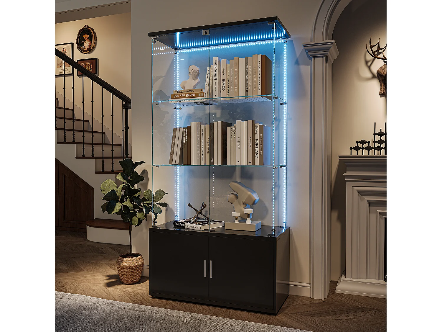 Glazen vitrine, Vitrine met meerdere niveaus, Glazen vitrine met slot, Vitrine met ledverlichting, 78,51 × 35 × 164 cm, zwart
