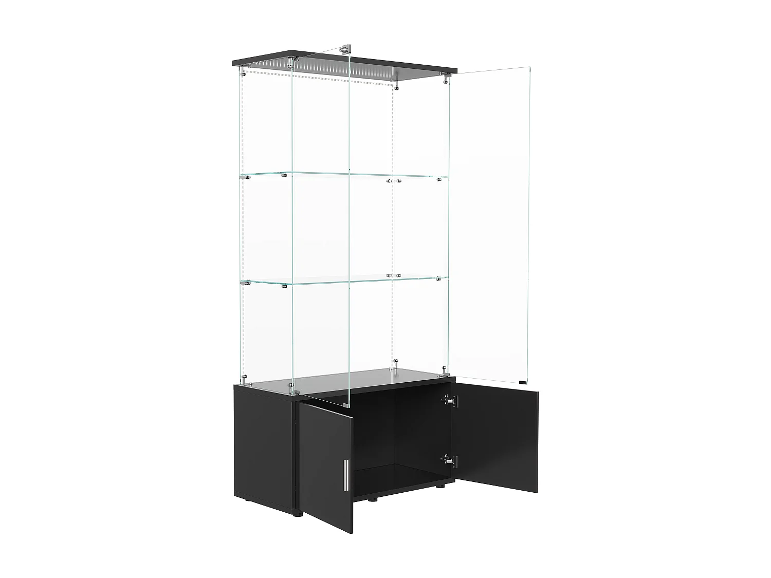 Glazen vitrine, Vitrine met meerdere niveaus, Glazen vitrine met slot, Vitrine met ledverlichting, 78,51 × 35 × 164 cm, zwart