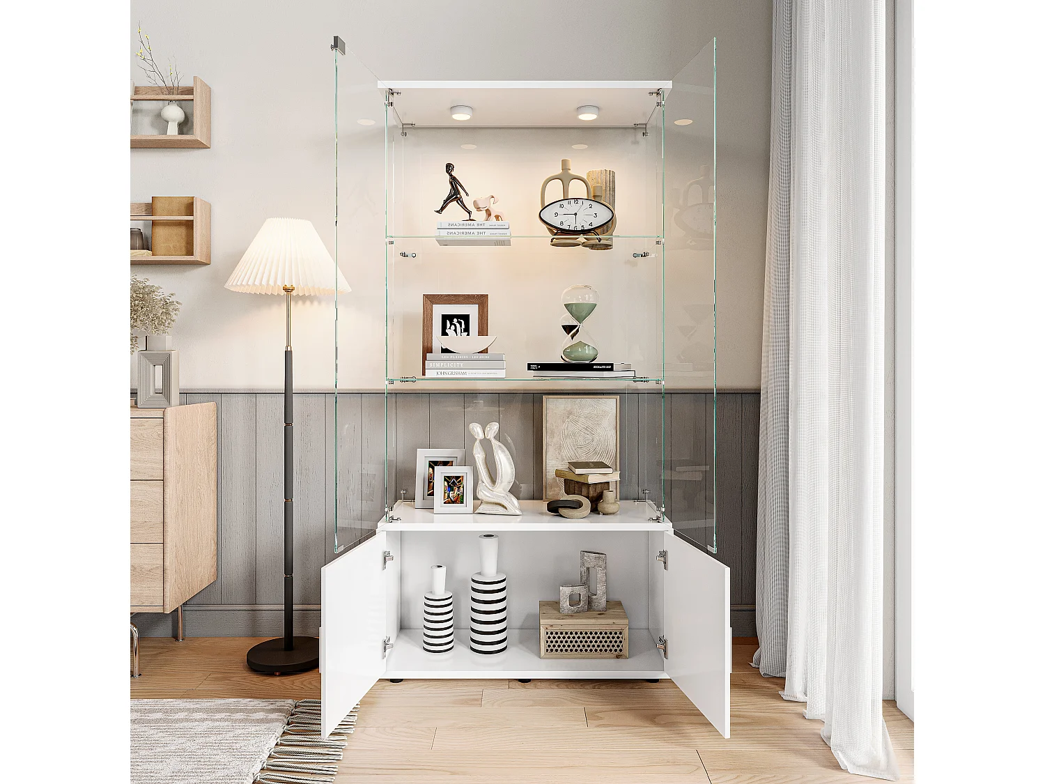 Vitrine en Verre avec Éclairage LED Intégré, 3 étages d'étagères transparentes et armoires de rangement avec portes ,Blanc