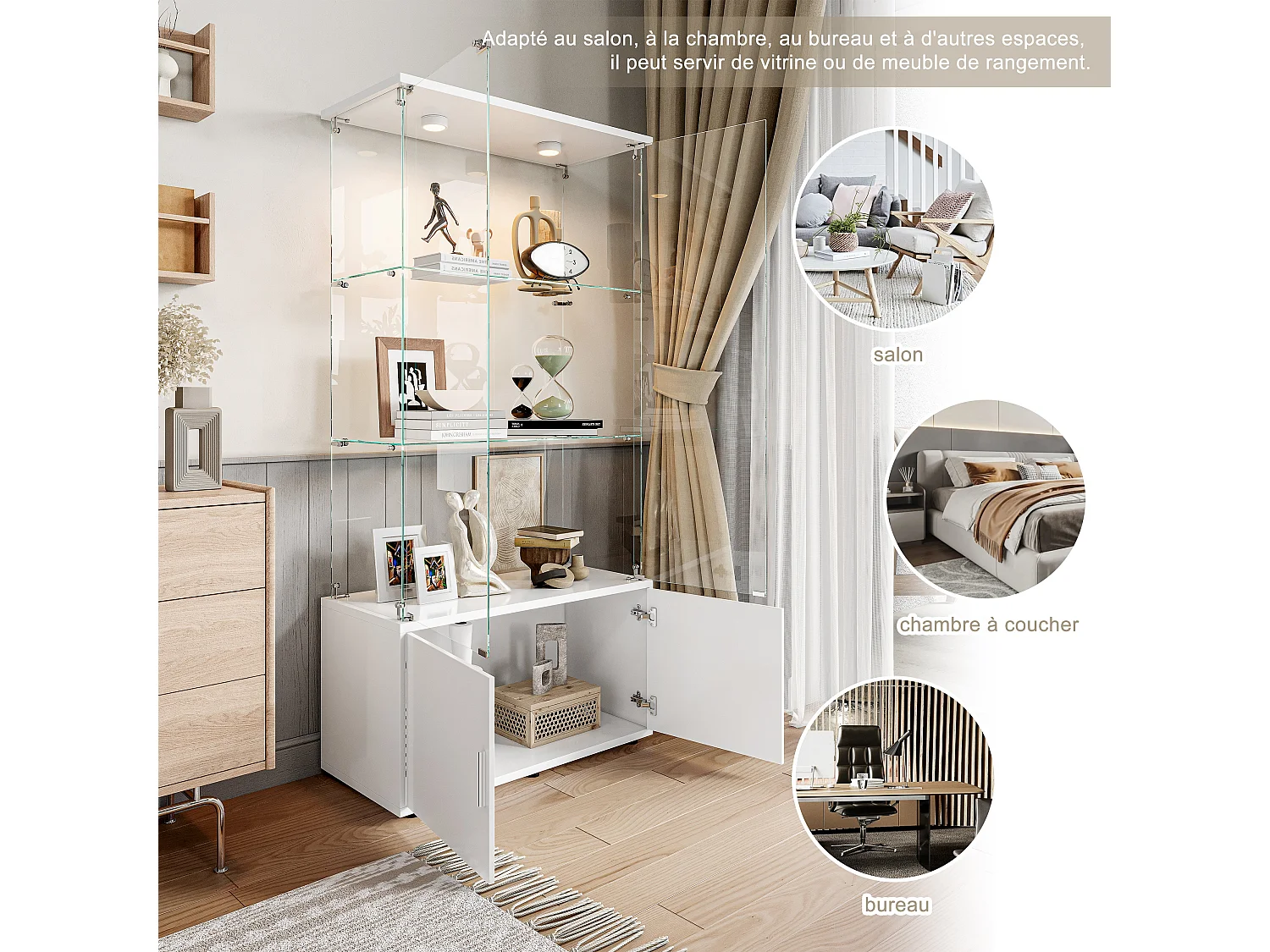 Vitrine en Verre avec Éclairage LED Intégré, 3 étages d'étagères transparentes et armoires de rangement avec portes ,Blanc