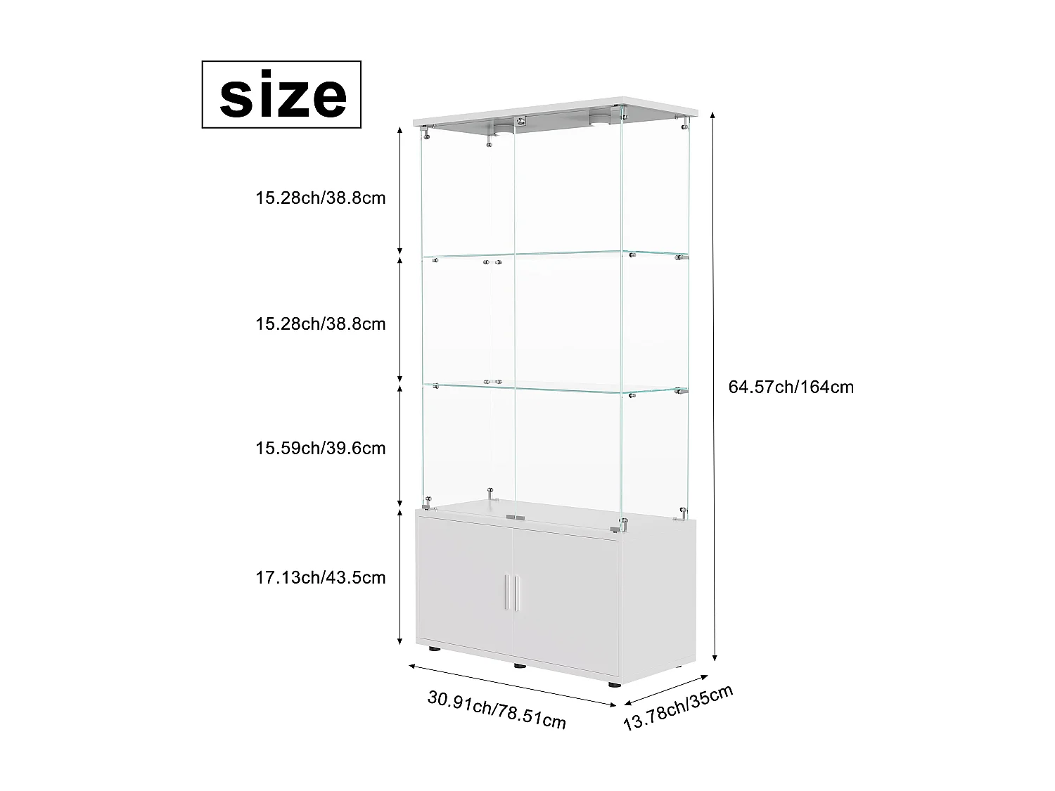 Vitrine en Verre avec Éclairage LED Intégré, 3 étages d'étagères transparentes et armoires de rangement avec portes ,Blanc