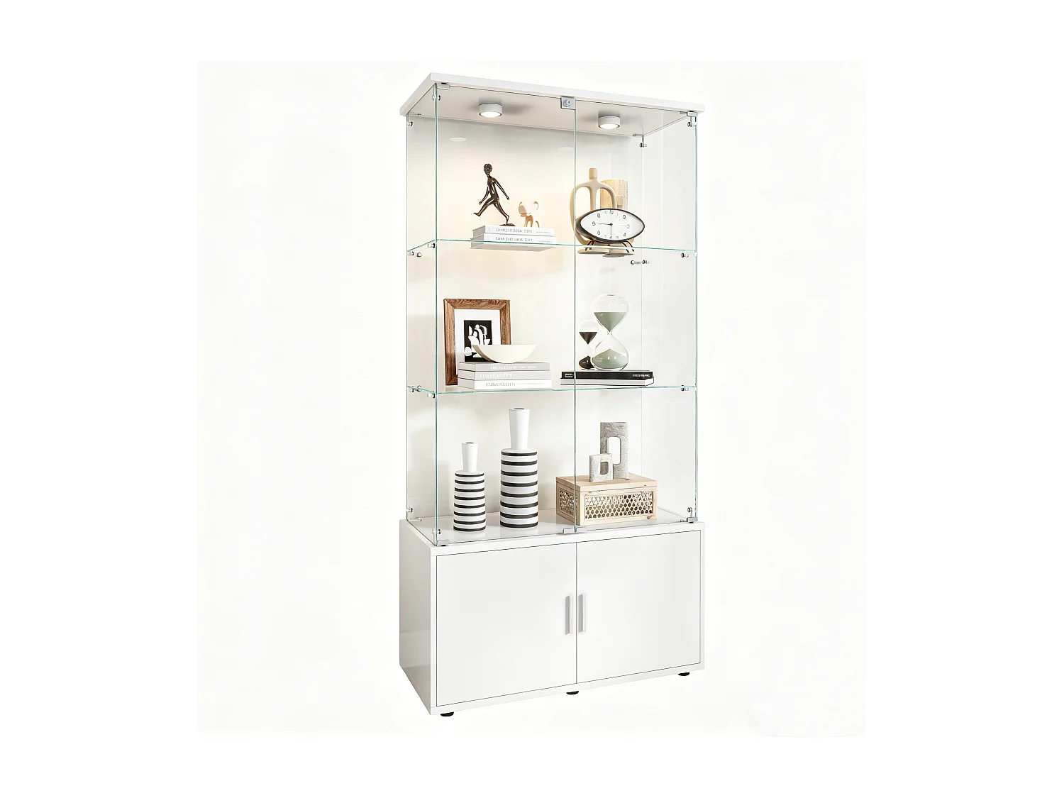 Vitrine en Verre avec Éclairage LED Intégré, 3 étages d'étagères transparentes et armoires de rangement avec portes ,Blanc