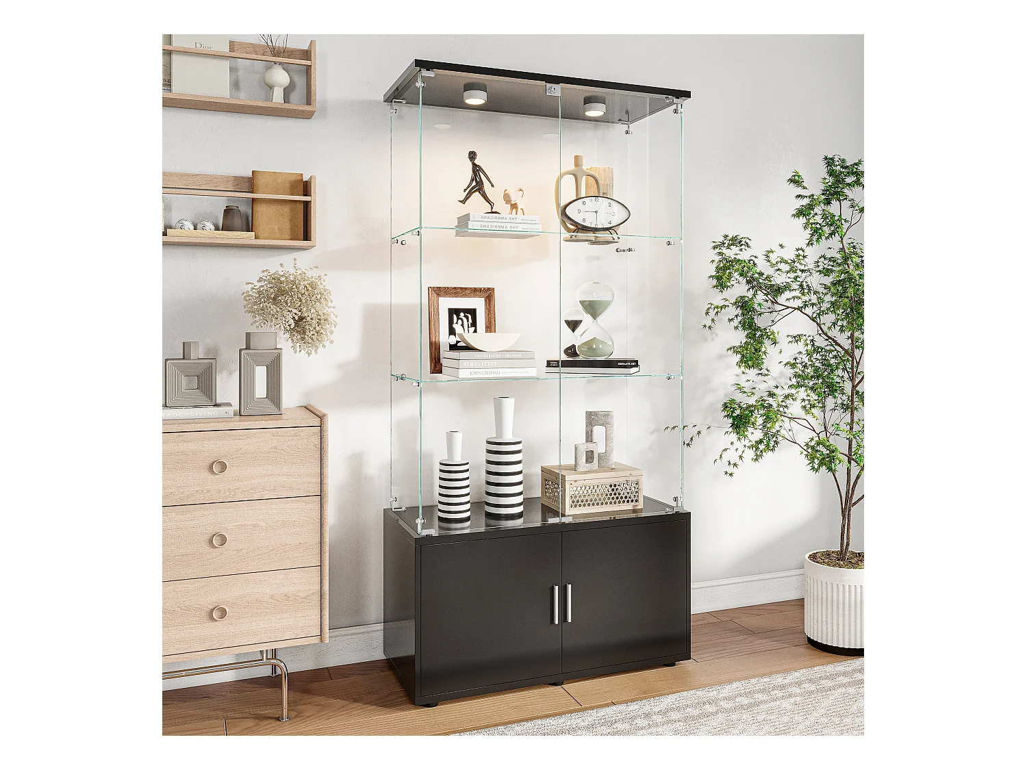 Vitrine en Verre avec Éclairage LED Intégré, 3 étages d'étagères transparentes et 2 armoires de rangement avec portes ,Noir